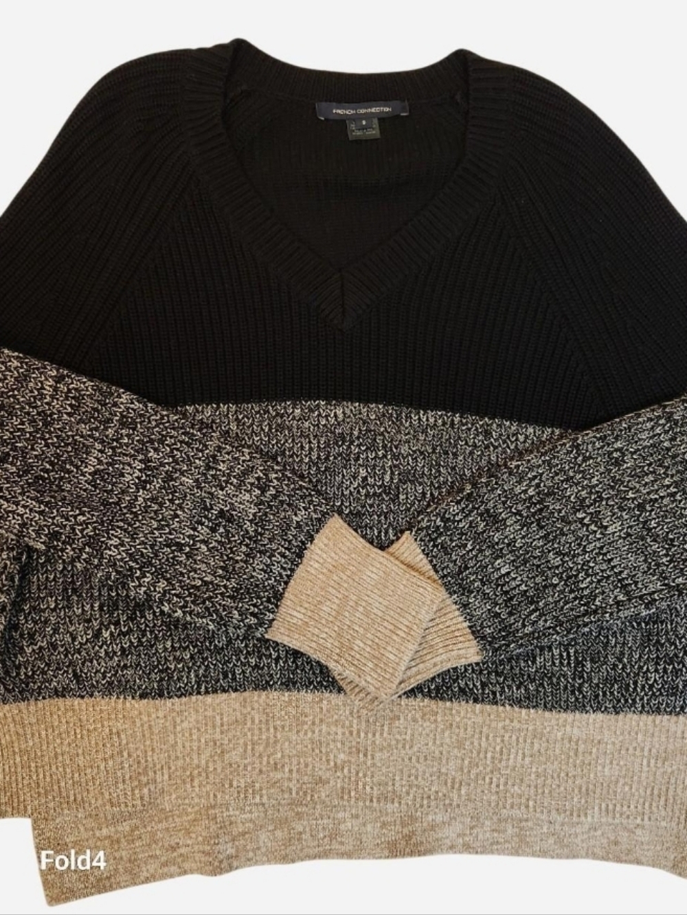 French Connection Black, Gray,‎ Beige Colorblock V-Neck Sweater
